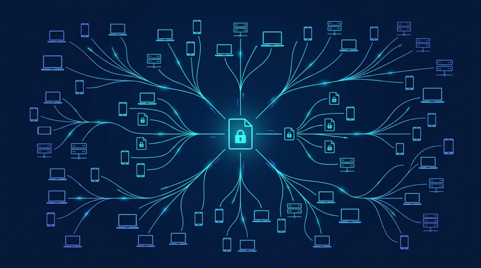 Network diagram showing one emailed ID document being copied and forwarded across many devices, inboxes, and servers