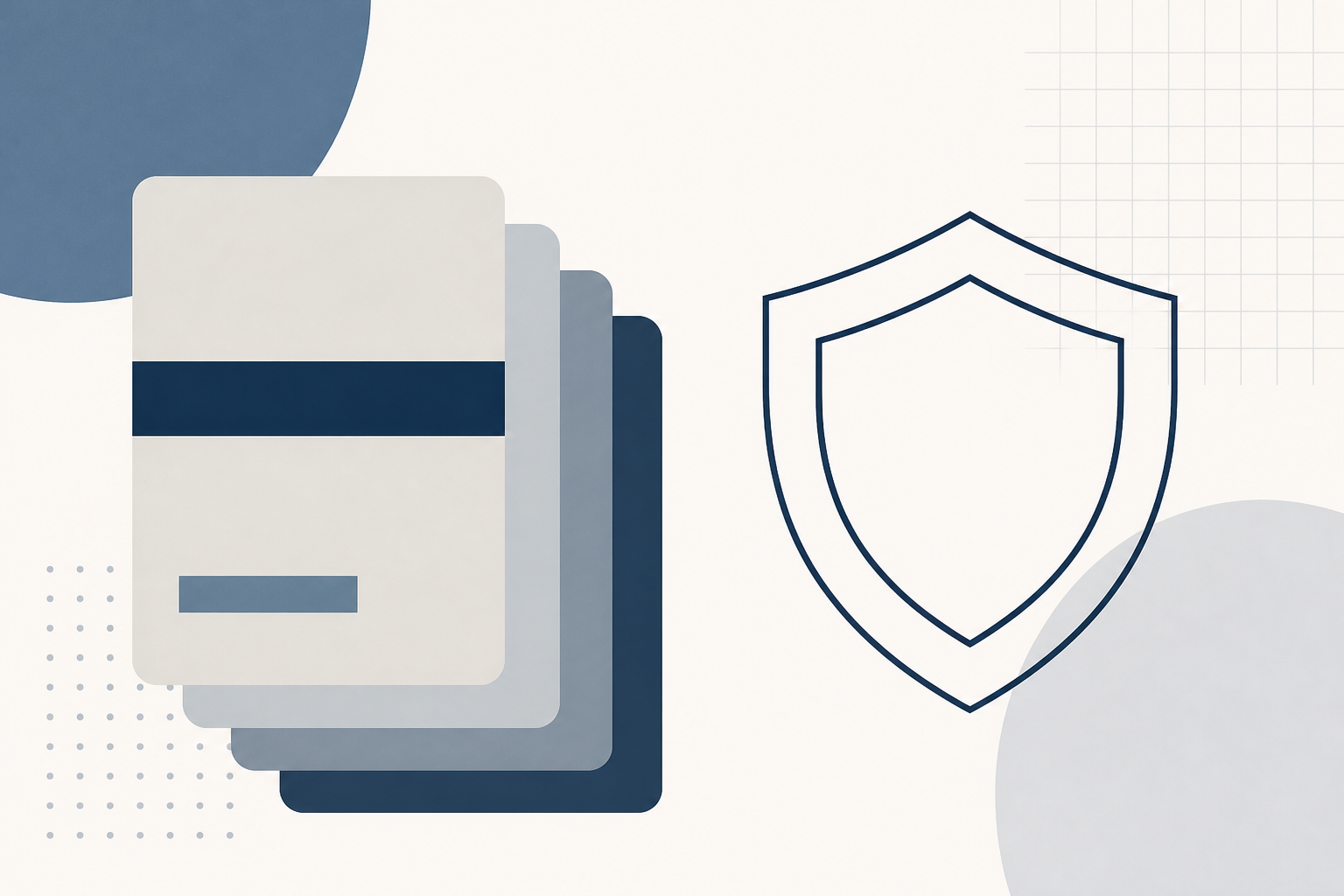 Conceptual vector illustration of a stack of abstract document shapes with a widening time gap between two shield outlines, in slate blue, warm gray and navy