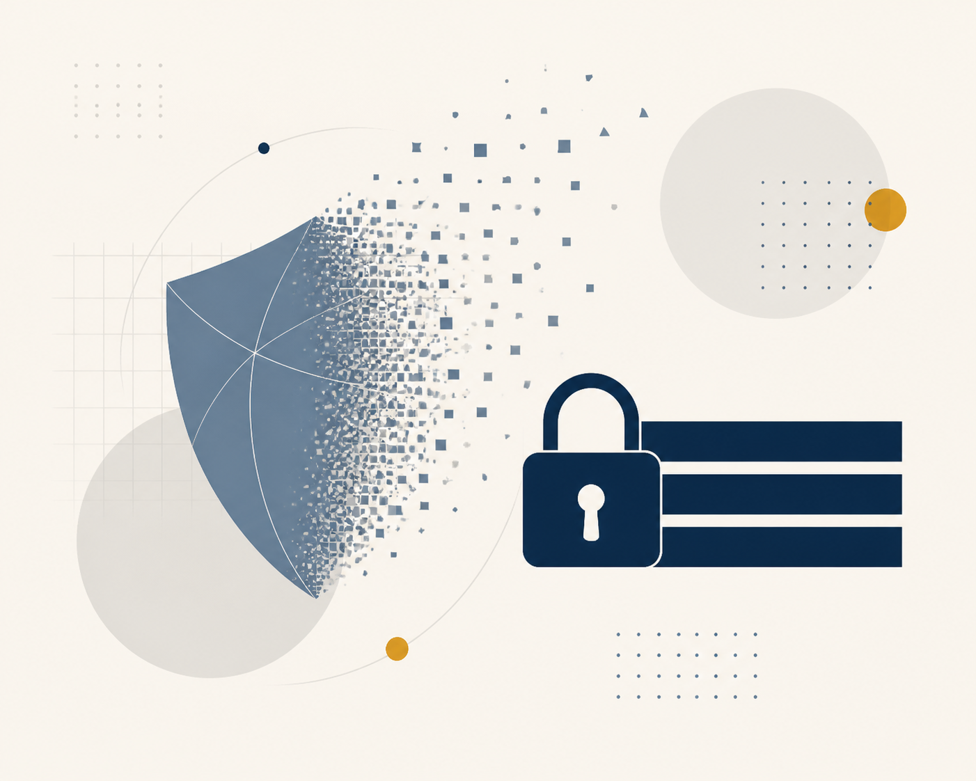 Conceptual vector illustration of a protective shield dissolving into particles while a padlock and redaction bars remain intact, in slate blue and navy