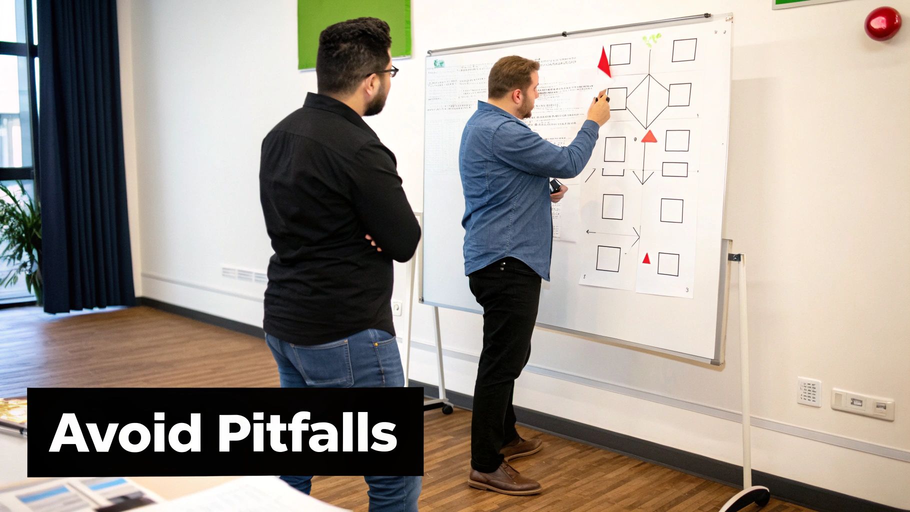 Two colleagues outlining a Privacy by Design process on a whiteboard during a product planning session