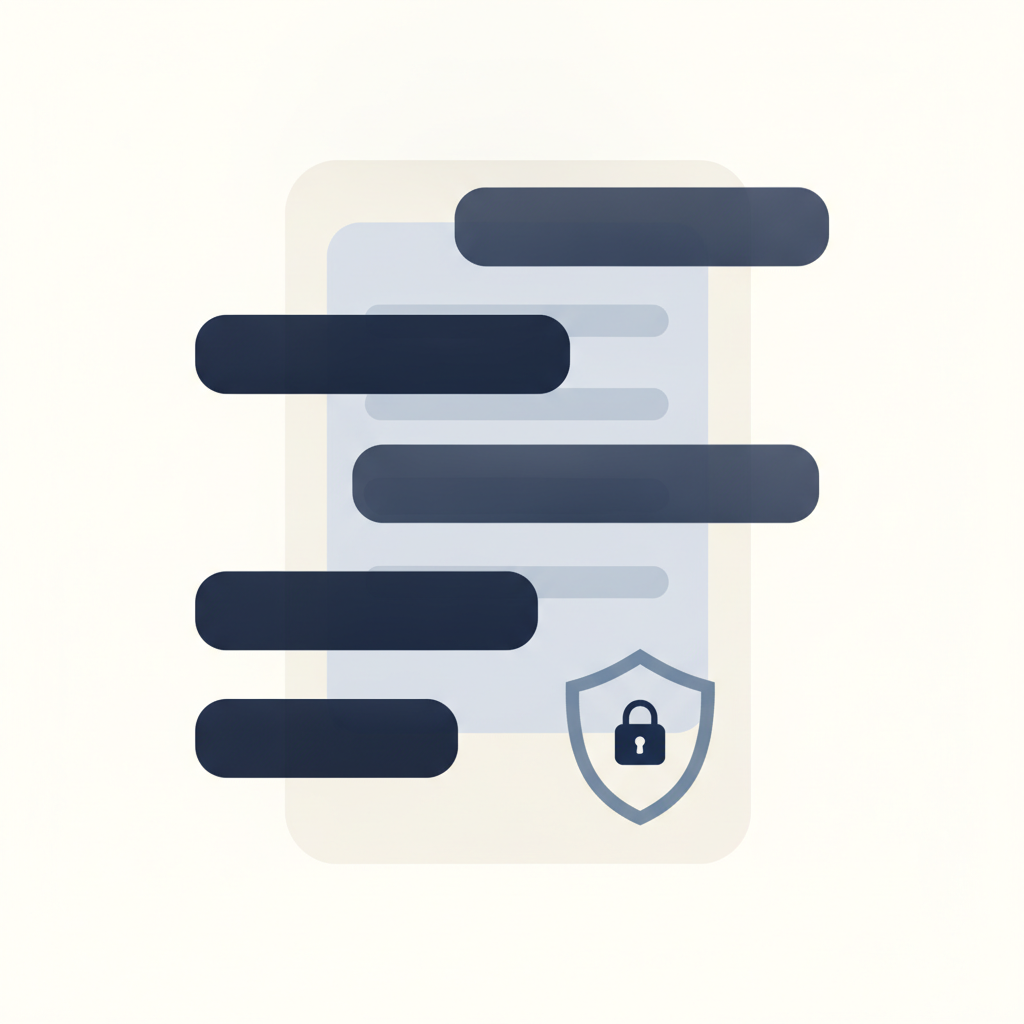 Abstract editorial vector illustration of horizontal redaction bars forming a shield over a soft rounded rectangle, in slate blue, warm gray and navy