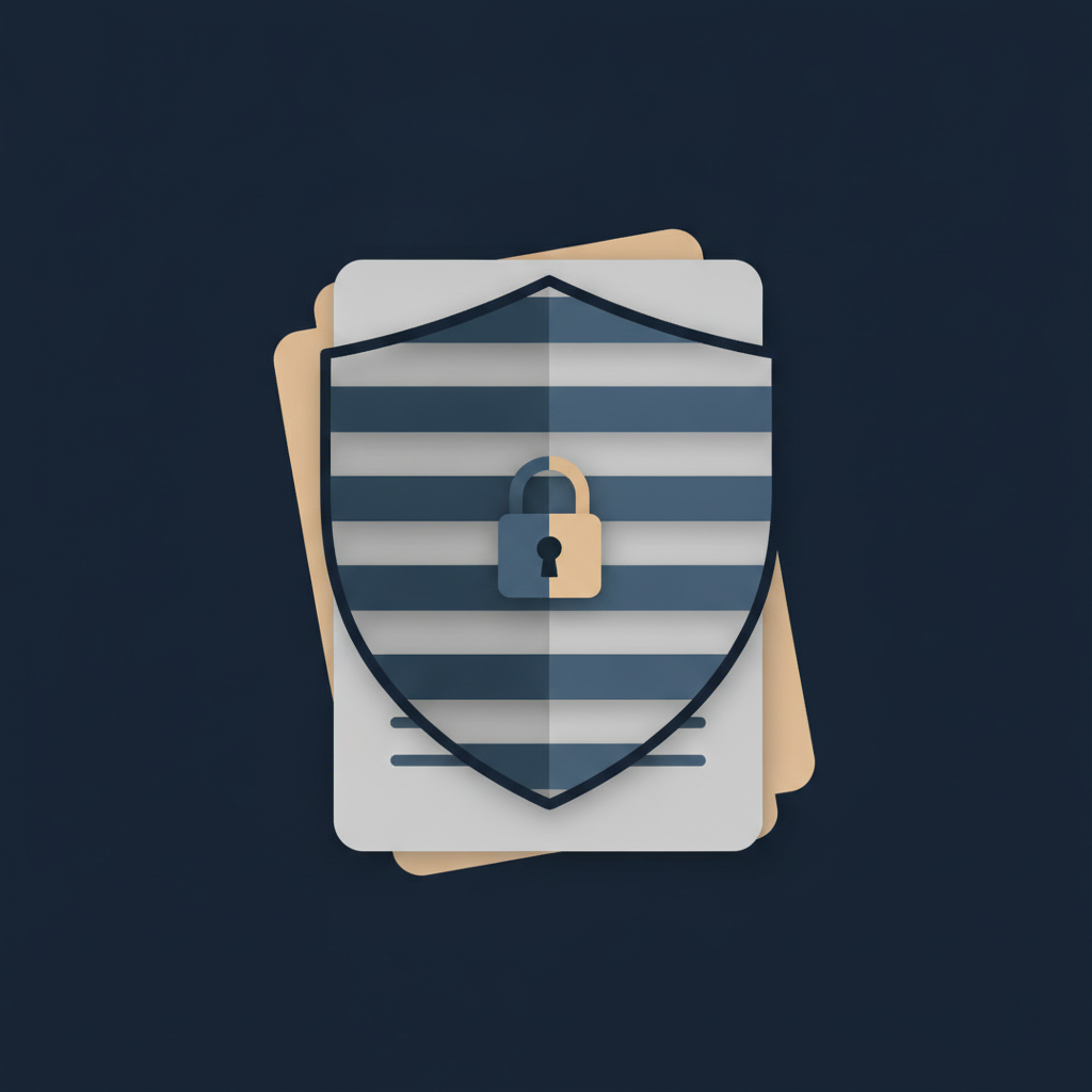 Abstract editorial illustration of a shield formed by redaction bars over soft document shapes, in slate blue, warm gray and navy