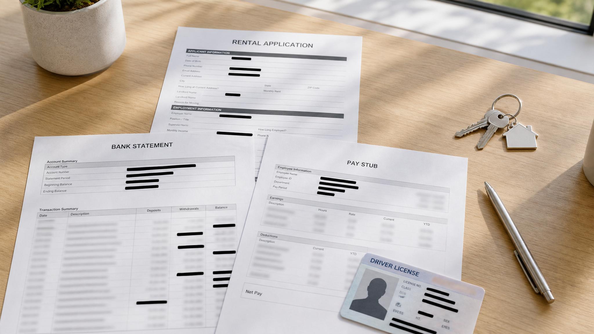 Rental application packet with a bank statement, pay stub, and ID on a light wood desk, with sensitive fields visibly redacted